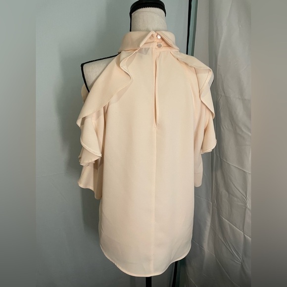Topshop Blouse Womens Peach Cold Shoulder Ruffle Half Sleeve High Neck Size 6 - Picture 4 of 10